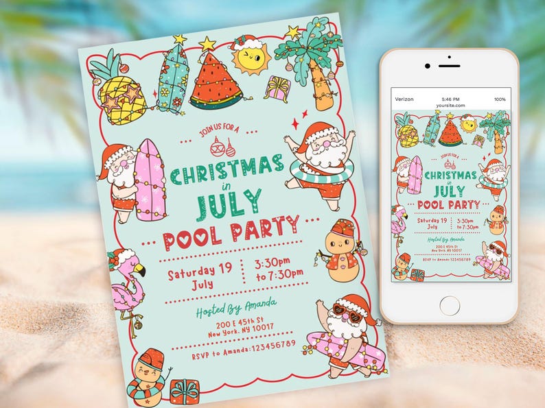May include: A light blue invitation for a Christmas in July pool party, featuring cartoon illustrations of Santa Claus, surfboards, and tropical elements. The invitation includes event details and is displayed next to a smartphone with a matching design.