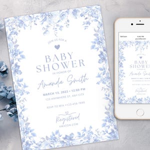 Dusty Blue Toile de Jouy Baby Shower Invitation, Boy Baby Shower, Vintage Elegant Chinoiserie Blush Floral Baby, Victorian French Blue Toile