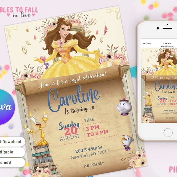 Princess Belle Birthday invitation, Editable canva template invite, castle printable invitation, beauty and beast party, belle rose invite