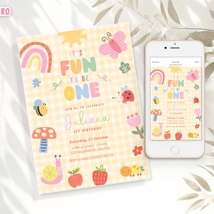 May include: A birthday invitation and a smartphone displaying the same design. The invitation features a yellow gingham pattern with colorful illustrations of a rainbow, butterfly, bee, and text that reads "It's Fun to be One."