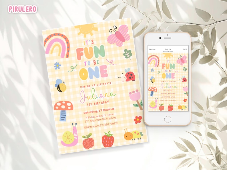 May include: A birthday invitation and a smartphone displaying the same design. The invitation features a yellow gingham pattern with colorful illustrations of a rainbow, butterfly, bee, and text that reads "It's Fun to be One."