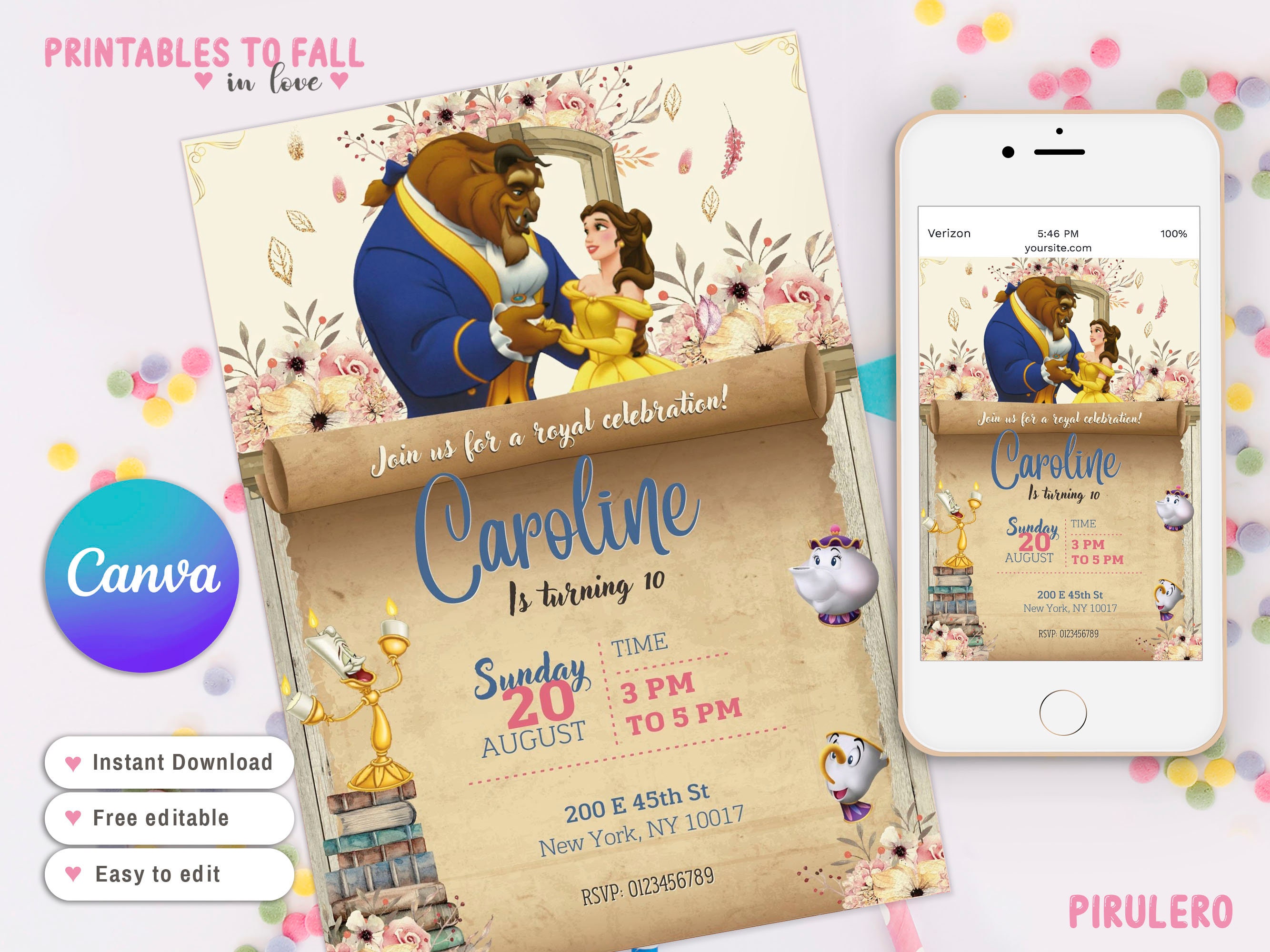 Beauty and the Beast Invitation, Belle and Beast Invitation, Editable