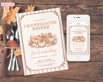Editable Friendsgiving Dinner party invitation template, Thanksgiving Dinner invite, Thanksgiving Potluck Holiday party Canva template