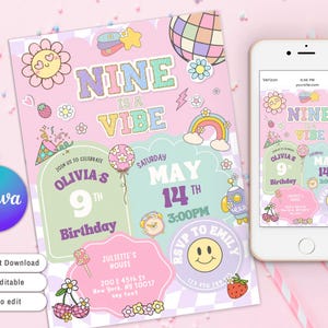 Convite para festa de aniversário de 9 anos Nine Is A Vibe Preppy, convite com carta Preppy Patch, festa Varsity Patch Groovy Fashion Disco, festa de aniversário de 9 anos