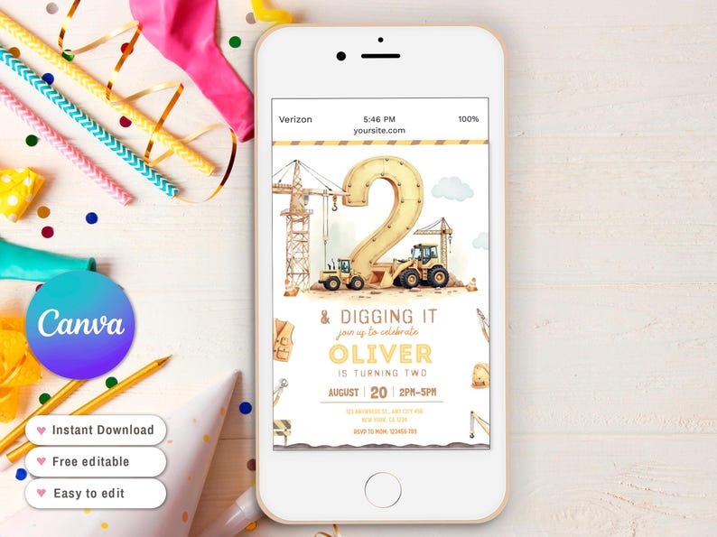 May include: A smartphone displays a birthday invitation with a construction theme. The invitation features a large number 2, construction vehicles, and the text "& Digging It" with the name "Oliver". The Canva logo is visible.