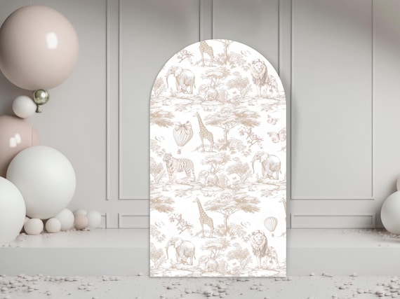 Toile de Jouy Arch Backdrop, Elegant Beige safari Toile Baby Shower Decor, Safari Chinoiserie Baby Shower Dusty Party Prop Digital Download