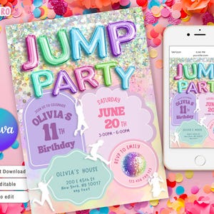 May include: A party invitation design with the text "JUMP PARTY" in colourful balloon letters. The invitation includes details for Olivia's 11th birthday, with a matching design on a smartphone. The design is set against a pink background with confetti.