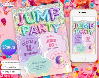 Puede incluir: Un diseño de invitación a una fiesta con el texto "JUMP PARTY" en letras de globo coloridas. La invitación incluye detalles para el 11 cumpleaños de Olivia, con un diseño a juego en un smartphone. El diseño está sobre un fondo rosa con confeti.