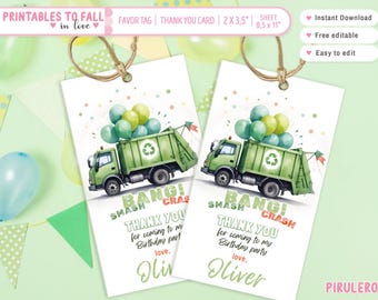 Garbage truck favor tag, Trash Bash thank you tags Cards, garbage truck birthday, Garbage Gift Tags party favours editable Instant Download