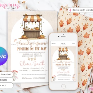 May include: Printable baby shower invitation with a fall theme. The invitation features a watercolor illustration of a pumpkin stand with pumpkins and fall leaves. The text on the invitation reads "Locally Grown Pumpkin on the Way" and includes the date, time, and location of the shower. The back of the invitation features a pattern of fall leaves.