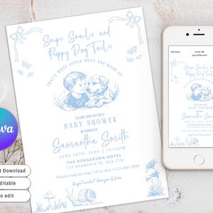 Può includere: Invito a baby shower blu e bianco con un design a chiocciola, fungo e farfalla. L'invito recita "Snails, Snails, and Puppy Dog Tails" e "That's what little boys are made of".
