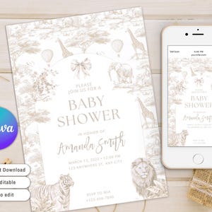 May include: A white baby shower invitation with a beige safari animal print background. The invitation features a white border with the text "Please join us for a Baby Shower" in beige text. The invitation also includes the name "Amanda Smith" in beige cursive text, the date and time of the shower, and the address. The invitation is decorated with beige safari animals, including a giraffe, elephant, lion, and tiger.