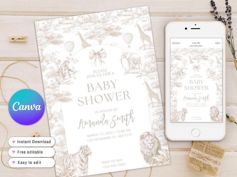 May include: A white baby shower invitation with a beige safari animal print background. The invitation features a white border with the text "Please join us for a Baby Shower" in beige text. The invitation also includes the name "Amanda Smith" in beige cursive text, the date and time of the shower, and the address. The invitation is decorated with beige safari animals, including a giraffe, elephant, lion, and tiger.