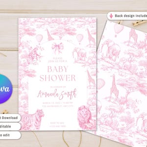 Invito per l'acquazzone Baby Safari in toile rosa, invito digitale per l'acquazzone per bambina Safari Animal, invito per l'acquazzone Toile de Jouy Safari vintage