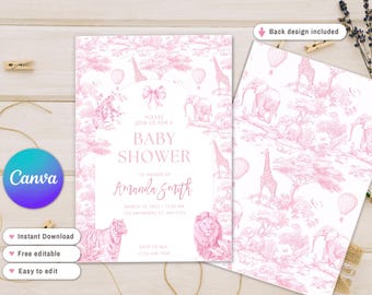Invitación rosa Toile Safari Baby Shower, Safari Animal Baby girl Shower Invitación digital, Toile de Jouy Baby Shower Invitar safari vintage