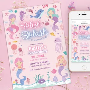 Mermaid Birthday Invitation, Mermaid Bash Under the Sea Birthday Invite, Girl Birthday Party Pink Pastel Any Age Sea Ocean Theme Pool Party
