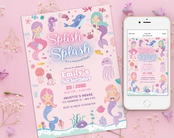 Verjaardagsuitnodiging zeemeermin, zeemeermin bash Under the Sea verjaardagsuitnodiging, verjaardagsfeestje meisje roze pastel elke leeftijd zee oceaan thema zwembadfeest