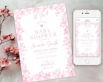 Roze toile de jouy-babyshoweruitnodiging, roze babyshoweruitnodiging, vintage elegante chinoiserie blush bloemenbaby, Victoriaanse Franse toile