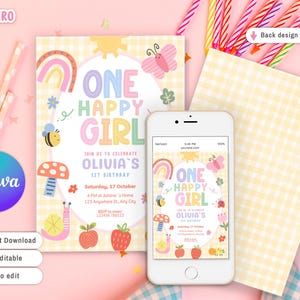 May include: A birthday invitation with a colorful design featuring the text "ONE HAPPY GIRL" and the name "OLIVIA'S". The invitation includes a rainbow, butterfly, bee, and other illustrations. A smartphone displays the same design. The background is light yellow.