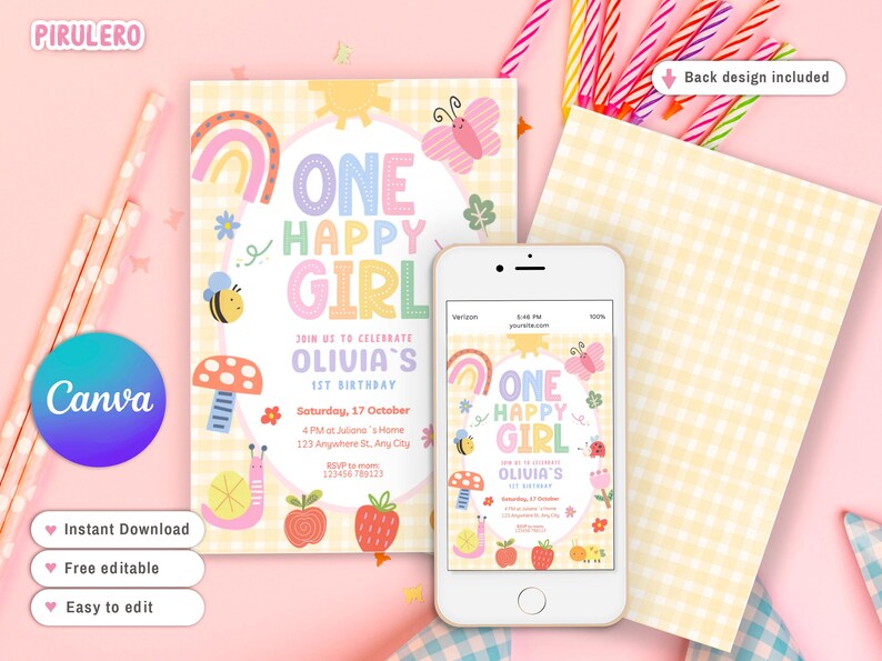May include: A birthday invitation with a colorful design featuring the text "ONE HAPPY GIRL" and the name "OLIVIA'S". The invitation includes a rainbow, butterfly, bee, and other illustrations. A smartphone displays the same design. The background is light yellow.