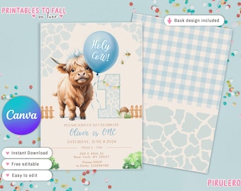 Puede incluir: Una invitación imprimible para una fiesta de primer cumpleaños con un fondo de cuadros vichy azul y blanco. La invitación presenta una vaca de las tierras altas de dibujos animados con un globo azul que dice "Holy Cow!" y un número uno con estampado de jirafa. El texto de la invitación dice "Por favor, únase a nosotros para celebrar que Oliver cumple un año, sábado 8 de junio de 2024, de 3 a 7 pm, 200 E 45th St, Nueva York, NY 10017, Por favor, RSVP a Emily: 123456789".