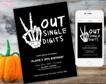 May include: Black invitation card with white text and a skeleton hand making a peace sign. The text reads "OUT SINGLE DIGITS" and invites guests to Oliver's 10th birthday party. A smartphone displays the same design.