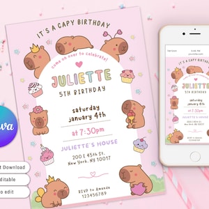 Convite de aniversário de capivara, aniversário de capivara rosa fofo, download digital, tema de aniversário de menina de aniversário infantil de animais, modelo editável do Canva