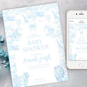Blue Toile Safari Baby Shower Invitation, Safari Animal Baby Boy Shower Digital Invite, Toile de Jouy Baby Shower Dusty light Blue Safari