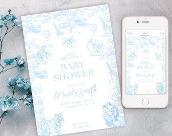 Blue Toile Safari Baby Shower Invitation, Safari Animal Baby Boy Shower Digital Invite, Toile de Jouy Baby Shower Dusty light Blue Safari