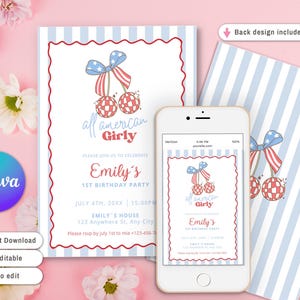 K&ouml;nnte beinhalten: Einladungsdesign f&uuml;r eine Geburtstagsparty mit patriotischem Thema, mit einem Kirsch-Motiv in Rot, Wei&szlig; und Blau. Die Einladung enth&auml;lt den Text "all american Girly" und Party-Details. Ein Smartphone zeigt das Einladungsdesign.