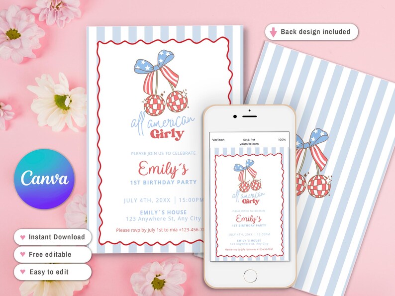 K&ouml;nnte beinhalten: Einladungsdesign f&uuml;r eine Geburtstagsparty mit patriotischem Thema, mit einem Kirsch-Motiv in Rot, Wei&szlig; und Blau. Die Einladung enth&auml;lt den Text "all american Girly" und Party-Details. Ein Smartphone zeigt das Einladungsdesign.