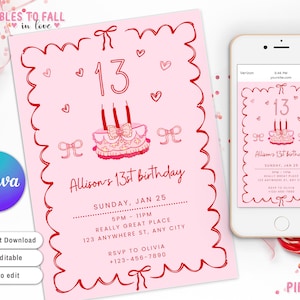 May include: A pink printable birthday invitation with a red border and a cartoon cake with candles. The invitation says "Allison's 13st birthday" and includes the date, time, and location of the party.