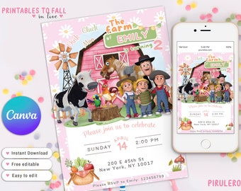 Zenon Farm girl Birthday Invitation, Pink Farm Animals Birthday Invite, Girl Barnyard Birthday, Girl Farm, Floral Barnyard Animals pink farm