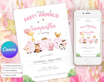 Farm Birthday Invitation, Editable pink Farm Animals Birthday Invite, Girl Second birthday, 2nd birthday Girl, Floral Barnyard Animals, two