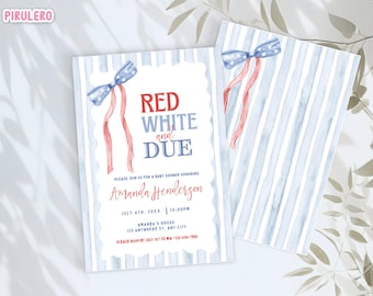 Puede incluir: Invitaciones para baby shower con temática patriótica. El diseño presenta un lazo con estrellas y rayas rojas y azules, con el texto "Red, White, and Due". La invitación incluye detalles del evento, como la fecha, la hora y el lugar.