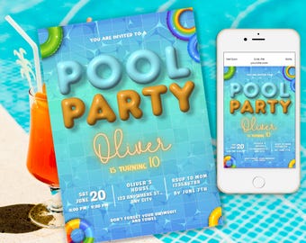 Pool Party Birthday Invitation Template Pool Party Birthday Invite Boys Teenage Birthday Invite any age, splish splash Party Bash Poolside