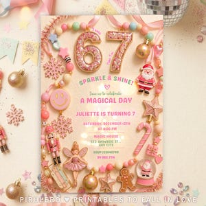 May include: A rectangular birthday invitation card featuring the text 67, SPARKLE & SHINE!, A MAGICAL DAY, JULIETTE IS TURNING 7, SATURDAY, DECEMBER 12TH AT 4:00 PM, MAGIC HOUSE, 125 ANYWHERE ST., ANY CITY, RSVP 123456788, BY DEC 7TH, surrounded by pink beads.