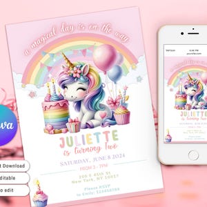 Convite de aniversário de unicórnio, convite para festa de unicórnio arco-íris pastel, design brilhante, modelo Canva para impressão para qualquer idade, festa de dia mágico