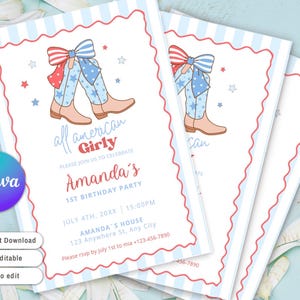 Puede incluir: Tarjetas de invitaci&oacute;n con tem&aacute;tica patri&oacute;tica. El dise&ntilde;o presenta ilustraciones de botas de vaquero con detalles en rojo, blanco y azul, estrellas y el texto "all american Girly". Las tarjetas son para la fiesta de cumplea&ntilde;os de Amanda.