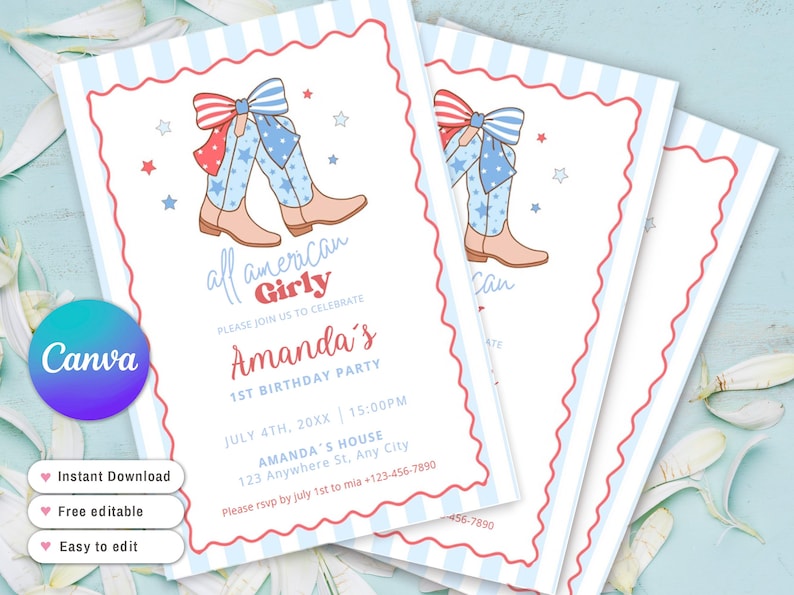 Puede incluir: Tarjetas de invitaci&oacute;n con tem&aacute;tica patri&oacute;tica. El dise&ntilde;o presenta ilustraciones de botas de vaquero con detalles en rojo, blanco y azul, estrellas y el texto "all american Girly". Las tarjetas son para la fiesta de cumplea&ntilde;os de Amanda.