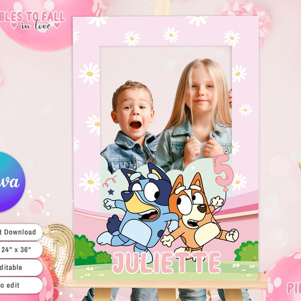 Blue Dog birthday Photo Prop decor girl, Frame Printable, Photo Booth Frame Template, Photo Booth Frame Prop Instant Download canva template