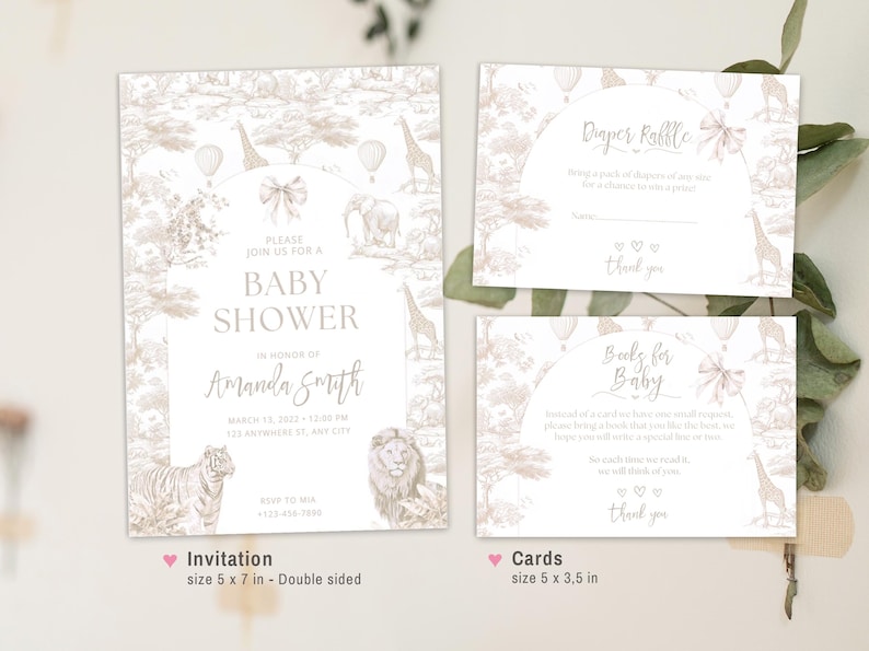 May include: A set of printable baby shower invitations and cards with a safari theme. The invitation is 12.7 x 17.8 cm and double-sided. The cards are 12.7 x 8.9 cm. The design features a light brown and white background with a pattern of animals, hot air balloons, and trees. The text on the invitation reads "Please join us for a baby shower in honour of Amanda Smith". The text on the cards reads "Diaper Raffle" and "Books for Baby".