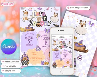 Let's Get Spooky capybara Birthday Invitation, Girl Halloween Birthday Invie, Editable Halloween Party Invite, Spooky preppy Tween halloween