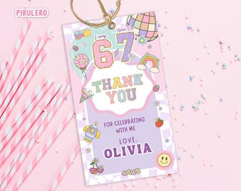 Biglietto di ringraziamento "Sei sette", tag di ringraziamento "Preppy 6 7", biglietti, meme "6-7", tag di compleanno, compleanno di una bambina, tag di bomboniera, articoli per feste regalo per bambina SSP1