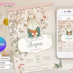 Little Rabbit Birthday Invitation For any Age, Editable Some bunny Birthday neutral birthday invitation, Vintage Bunny Invite Canva Template