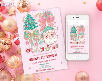 May include: Pink birthday invitation with a Santa Claus illustration, Christmas tree, and bows. The invitation includes the text "Oh What Fun!" and details for Brianna's 6th birthday, including date, time, and location.