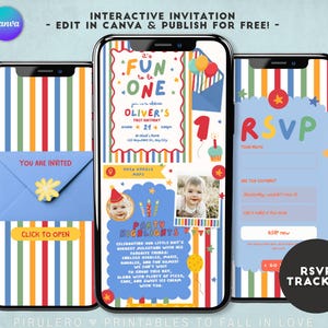 Può includere: Tre smartphone mostrano un colorato modello di invito digitale per compleanno con strisce verticali, un'icona a busta blu, testo di festa e un modulo di risposta. Il design presenta colori primari, palloncini e spazio per foto per festeggiare il primo compleanno.