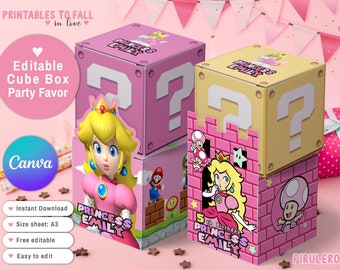 Princess Peach Mario Bros afdrukbare dozen, 4 Cube Box Peach, Party Favor Box, Party Favors Box, Bewerkbare Canva-sjabloon, Candy Treat Box