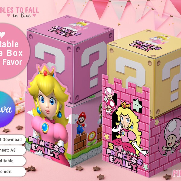 Princess Peach Mario Bros printable Boxes, 4 Cube Box Peach, Party favor box, party favors box, Editable Canva template, Candy Treat Box