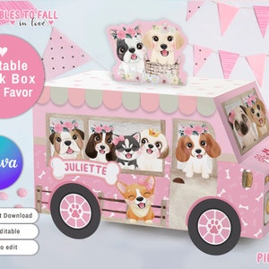 Caja de regalo imprimible para fiesta de cachorros de niñas, caja de dulces para cachorros, caja de regalo para casa de perro, decoración de centro de mesa imprimible